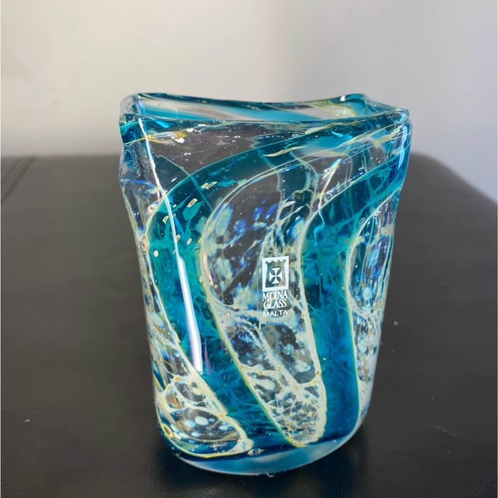 Mdina Glass Malta Teal Blue Stripe Art Glass Vase Signed Swirls Stripes Sticker